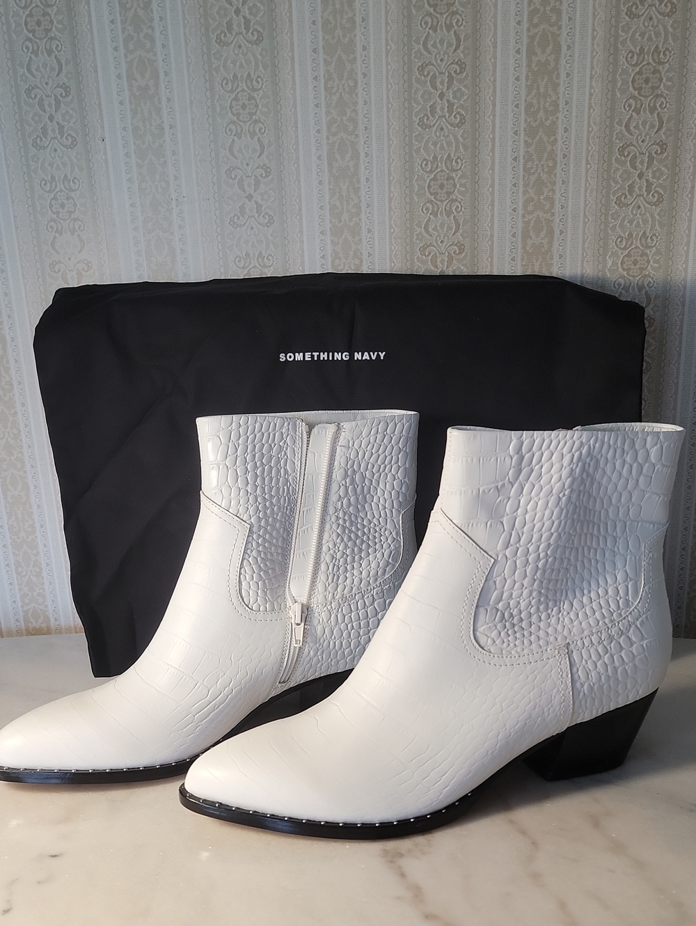 Something Navy White Croc-Embossed Pointed Ankle Booties